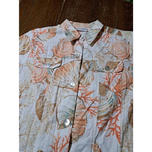 Size 14 Alfred Dunner Cotton Button Seashell Blouse Shirt Top Tan Peach Teal - Picture 4 of 6